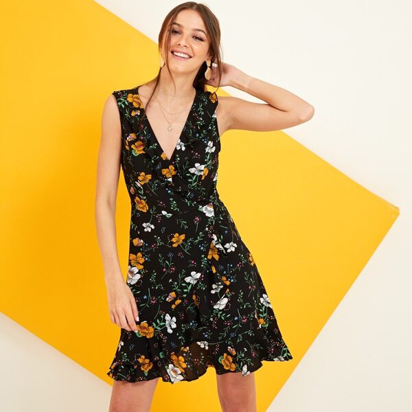 

Floral Frill Edge Wrap Tea Dress, Multicolor