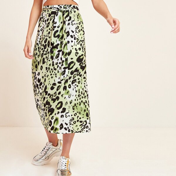 

Leopard Print Wide Waistband Self Belted Skirt, Green