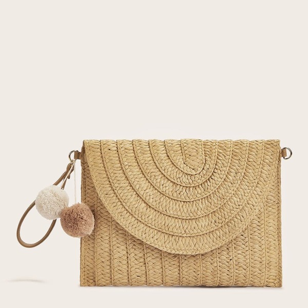 

Pom Pom Decor Woven Clutch Bag, Khaki