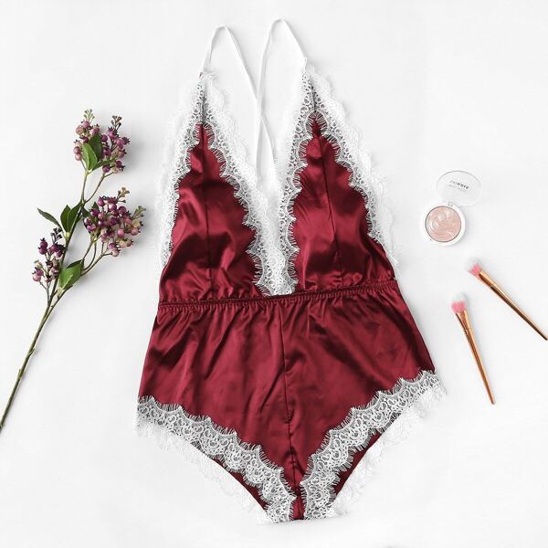 

Plus Floral Lace Cutout Satin Teddy Bodysuit