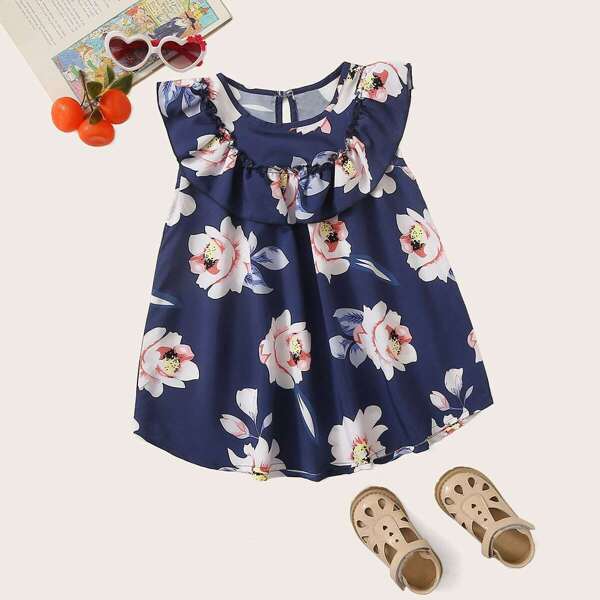 

Toddler Girls Large Floral Print Ruffle Trim Dress, Navy