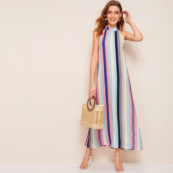 

Button Keyhole Colorful Striped Halter Dress, Multicolor