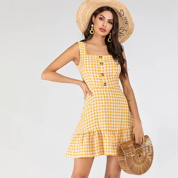 

Button Front Ruffle Hem Gingham Straps Dress