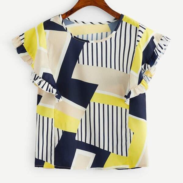 

Plus Geo Print Ruffle Trim Blouse, Multicolor