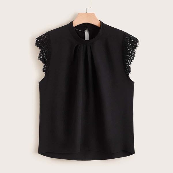 

Plus Contrast Lace Solid Blouse, Black
