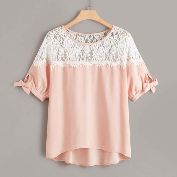 

Plus Contrast Lace Knot Cuff Blouse, Pink
