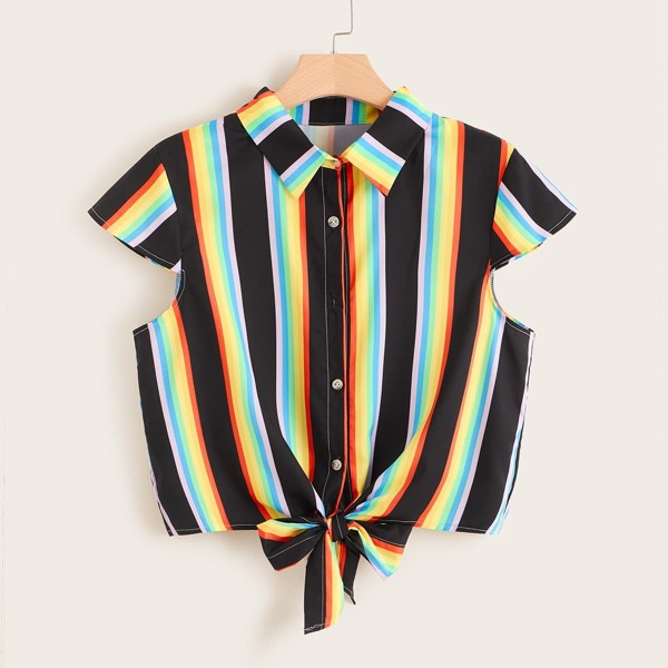 

Plus Rainbow Striped Knot Hem Blouse, Multicolor