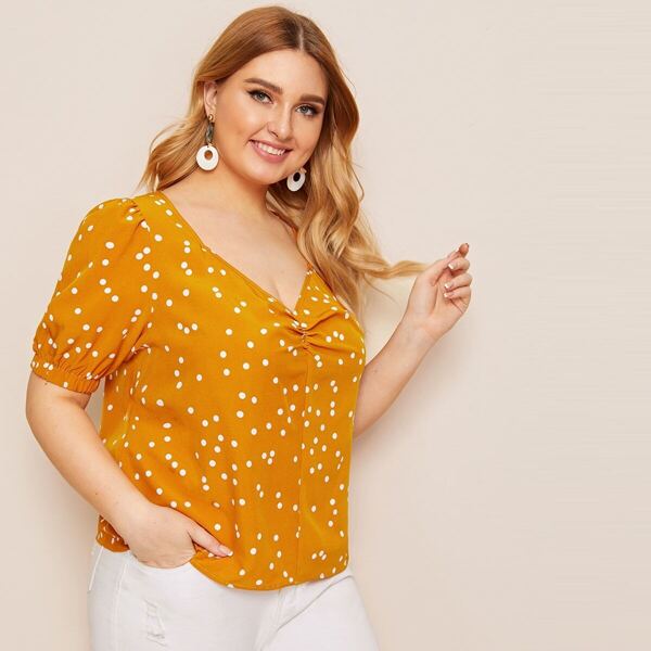 

Plus Polka Dot Ruched V-neck Blouse, Yellow