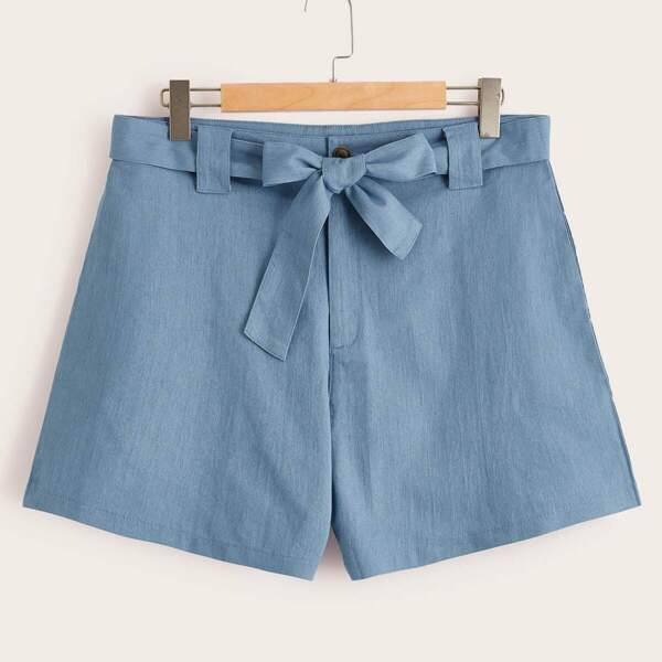 

Plus Solid Self Tie Denim Shorts