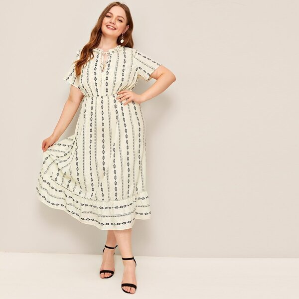 

Plus Tribal Print Frill Knot Dress, Multicolor