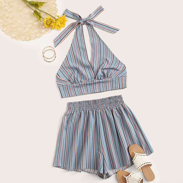 

Plus Striped Halter Top With Shorts