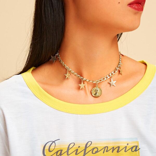 

Coin & Star Pendant Chain Necklace 1pc