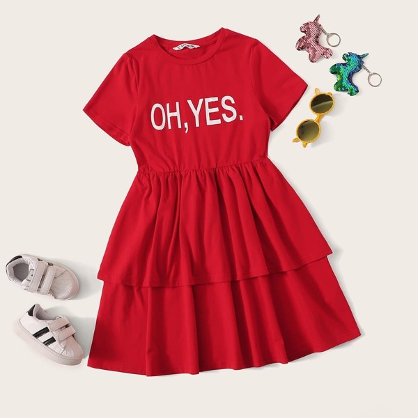 

Girls Slogan Print Layered Ruffle Hem Dress