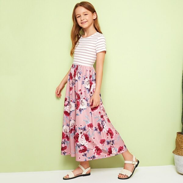 

Girls Rib-knit Striped Bodice Floral Print Dress