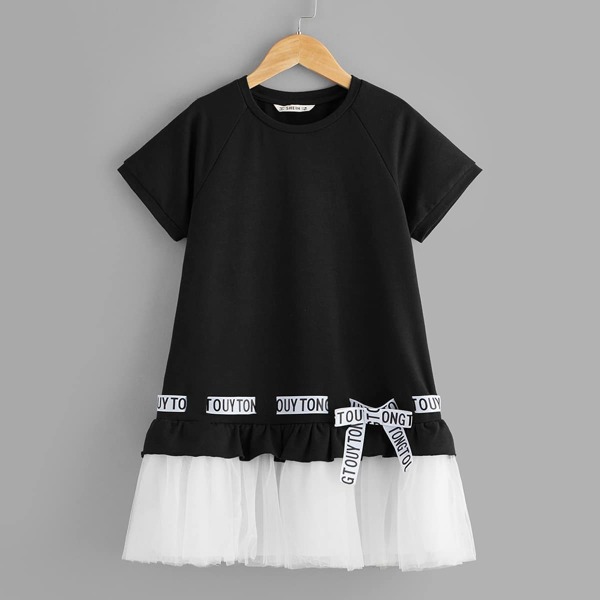 

Girls Mesh Ruffle Hem Letter Tape Insert Dress