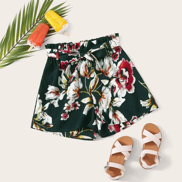 

Girls Paperbag Waist Floral Print Shorts