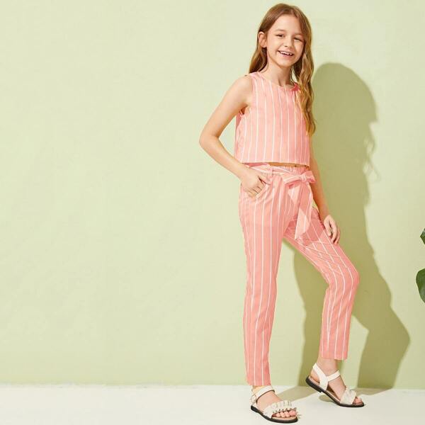 

Girls Striped Top & Belted Pants Set, Pink