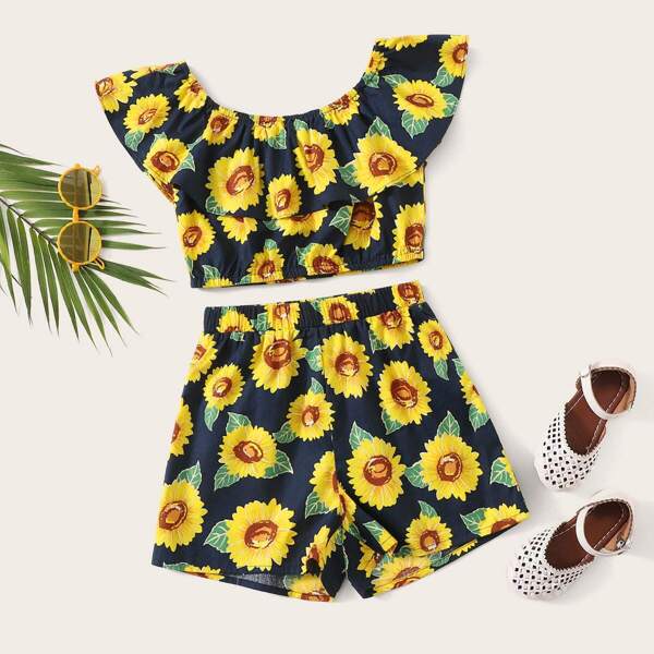 

Girls Ruffle Foldover Sunflower Top & Shorts Set