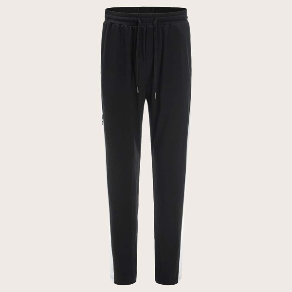 

Men Drawstring Waist Contrast Sideseam Patched Pants