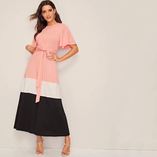 

Flutter Sleeve Colorblock Belted Dress, Multicolor
