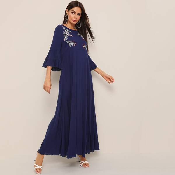 

Bell Sleeve Embroidered Maxi Dress, Navy