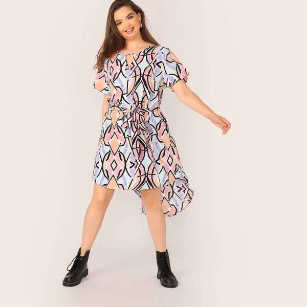 

Plus V-cut Geo Print Belted High Low Dress