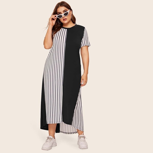 

Plus Color-block Striped Tunic Dress
