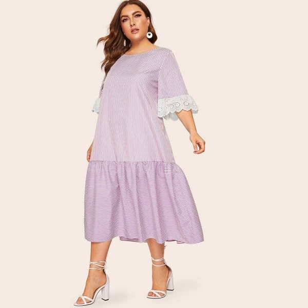 

Plus Embroidered Eyelet Cuff Ruffle Hem Striped Dress