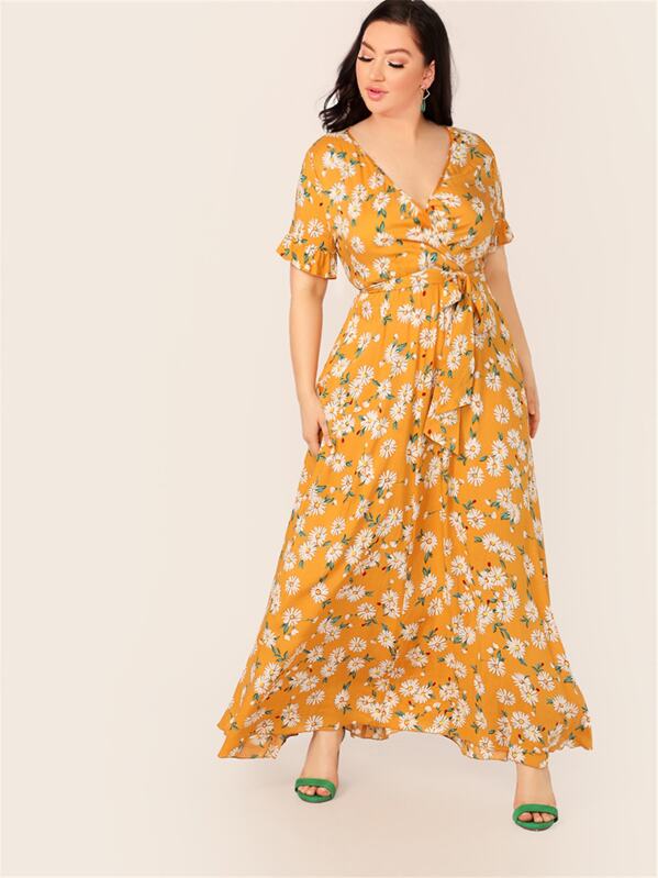 

Plus Daisy Floral Print Wrap Belted Dress, Yellow, Kellee Moran