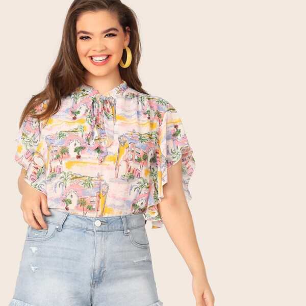 

Plus Tie Neck Ruffle Trim Landscape Print Top