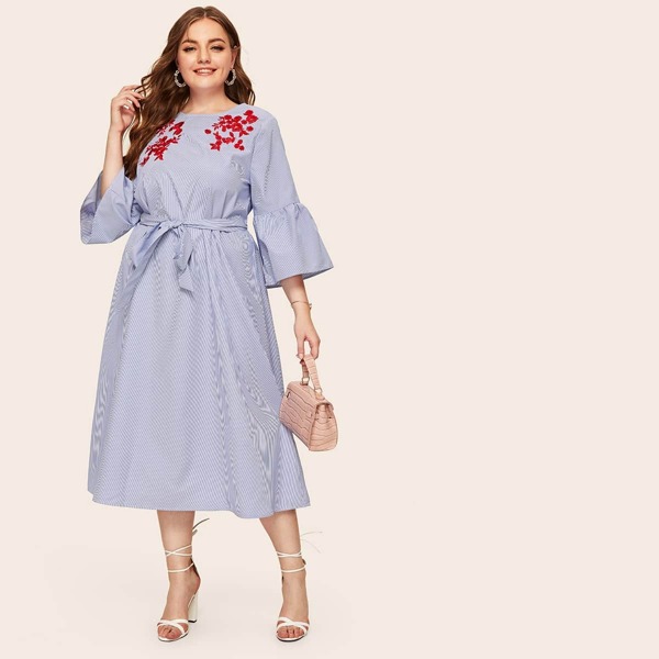

Plus Flounce Sleeve Embroidery Print Belted Dress, Blue