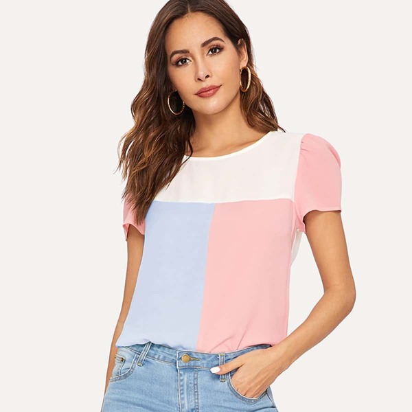 

Color Block Puff Sleeve Top