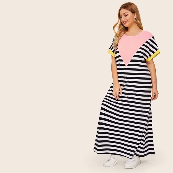 

Plus Color-block Striped Maxi Tunic Dress, Multicolor