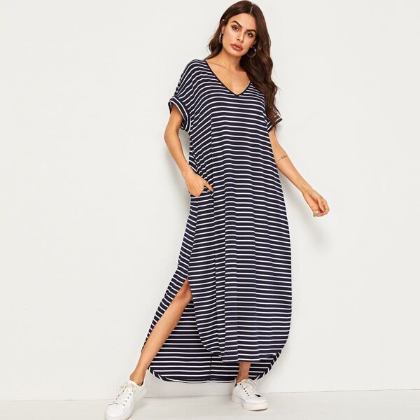 

V-neck Striped Pocket Side Curved Hem Dress, Navy
