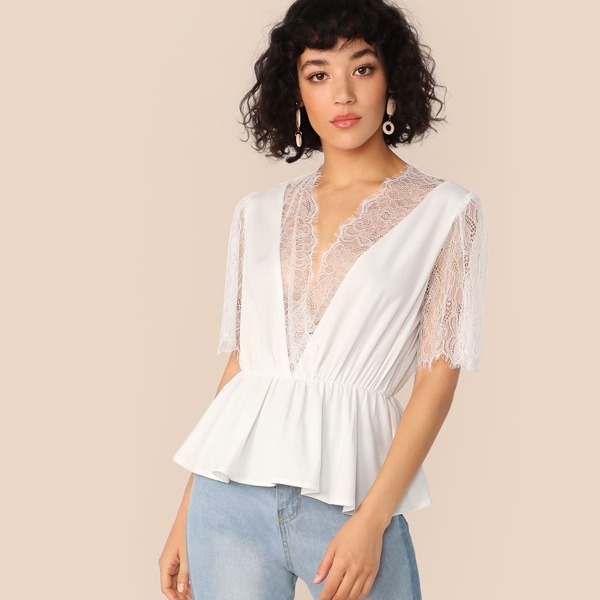 

Plunging Neck Eyelash Lace Trim Wrap Top