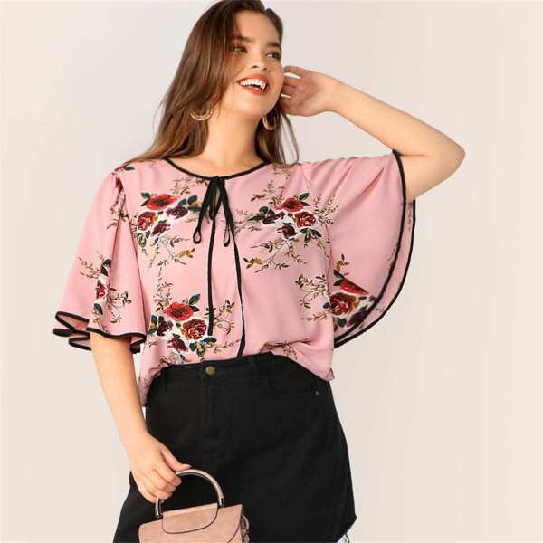 

Plus Tie Neck Contrast Binding Floral Print Top, Pink