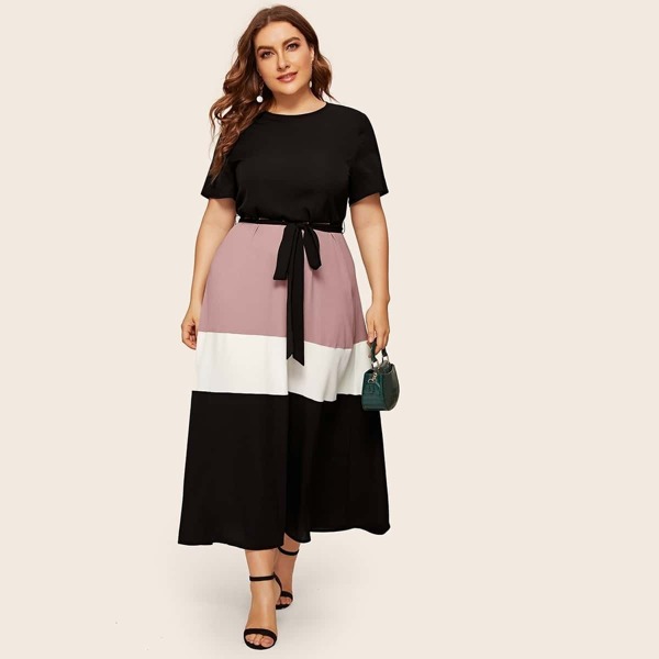 

Plus Cut-and-sew Fit & Flare Dress With Belt, Multicolor