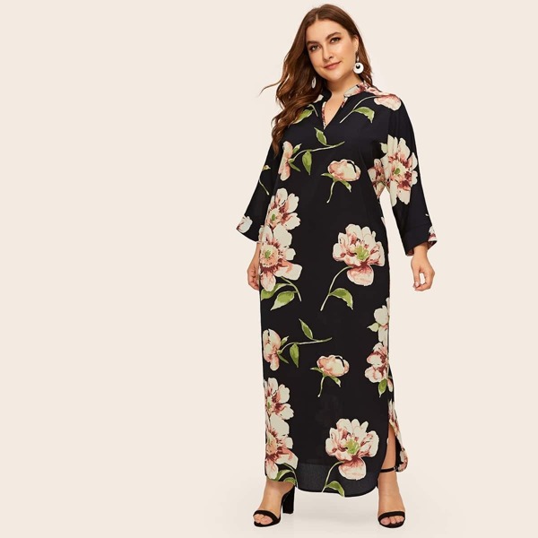 

Plus V-Neck Floral Print Curved Hem Dress