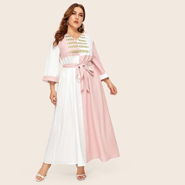 

Plus Leaf Embroidery Front Two Tone Dress, Multicolor