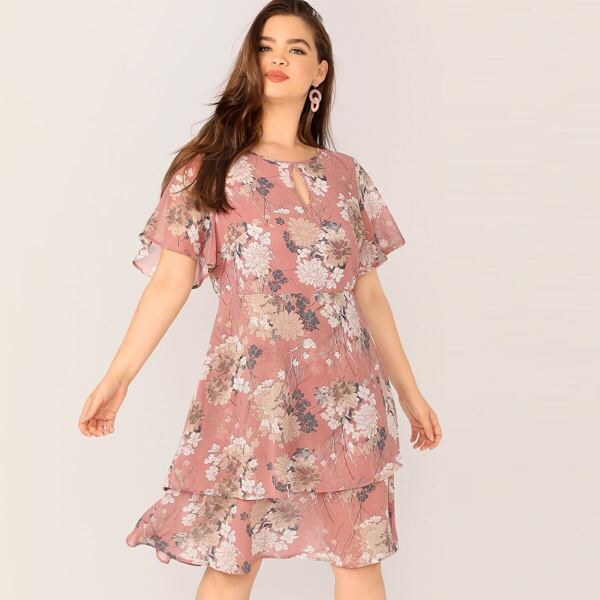 

Plus Botanical Print Keyhole Neck Double Layer Dress, Pink