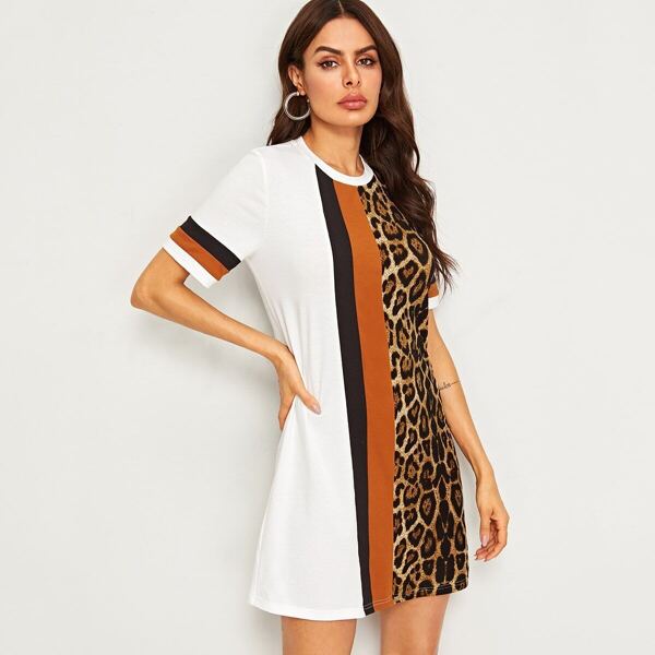 

Color-block Leopard Print Tunic Dress, Multicolor