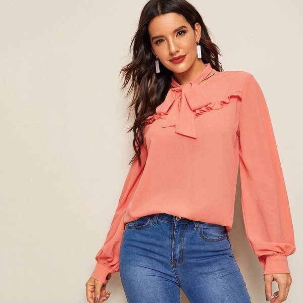 

Tie Neck Ruffle Trim Blouse, Pink
