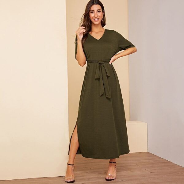 

V-neck Split Side Dress With Belt, Army green