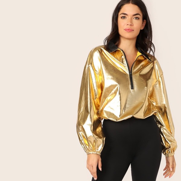 

Zip Half Placket Elastic Hem Metallic Jacket