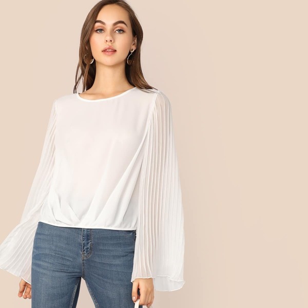 

Pleated Sleeve Curved Hem Top