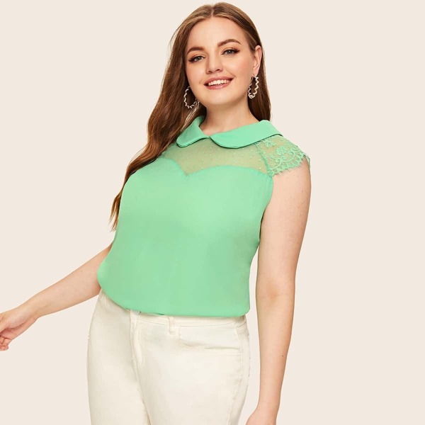 

Plus Peter Pan Collar Mesh Yoke Top, Green
