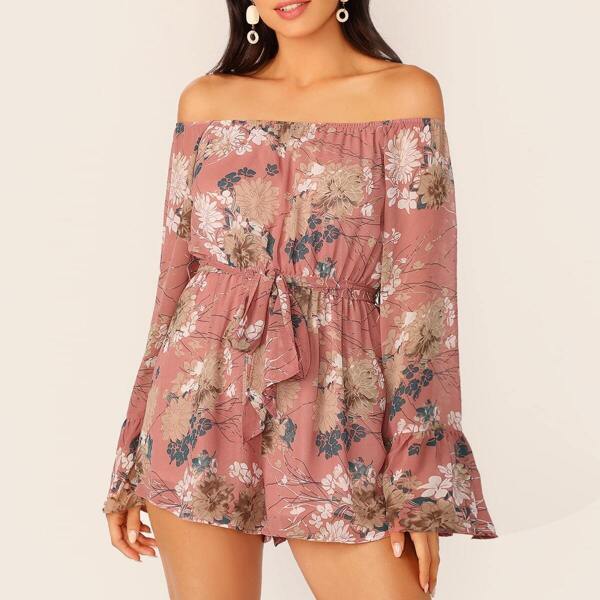 

Floral Print Bell Sleeve Belted Bardot Romper, Pink