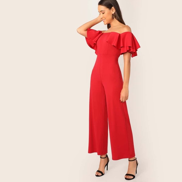 

Off Shoulder Exaggerated Ruffle Wide Leg Jumpsuit