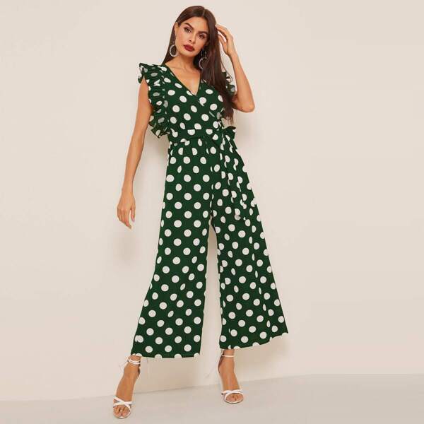 

Pleated Ruffle Trim Belted Polka Dot Palazzo Jumpsuit, Green
