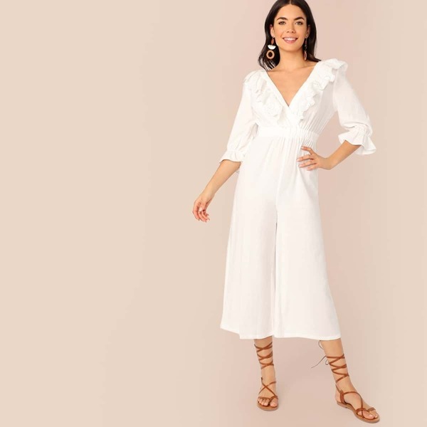 

Embroidered Eyelet Ruffle Tie Back Culottes Jumpsuit